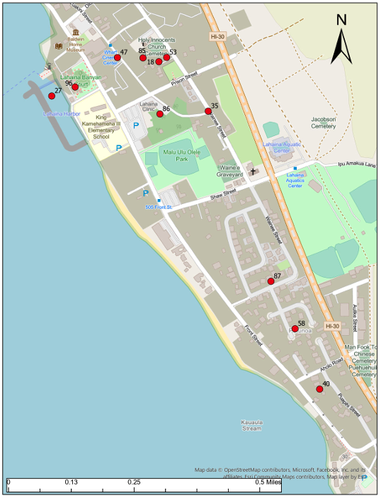 The Maui Police Department released maps of Lahaina showing where 97 people died as a result of the Aug. 8 fires. (Courtesy: MPD/2024)